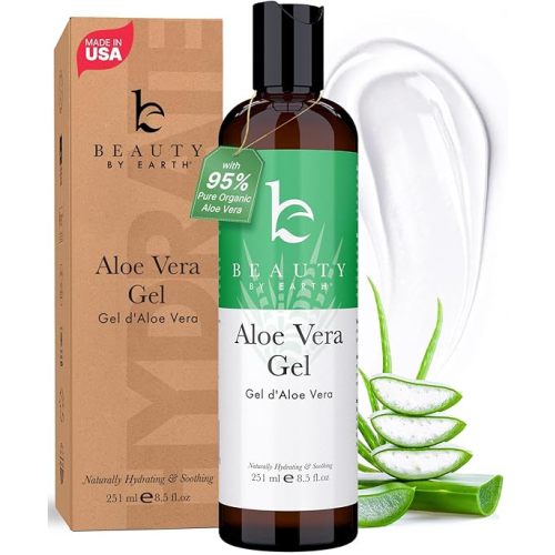 Beauty by Earth Aloe Vera Gel - USA Made with Natural & Organic Ingredients, Pure Aloe Vera Plant Gel for Face Mask, Hair & Skin with Vitamin C & E, Soothing and Cooling for Sunburn & After Sun Care