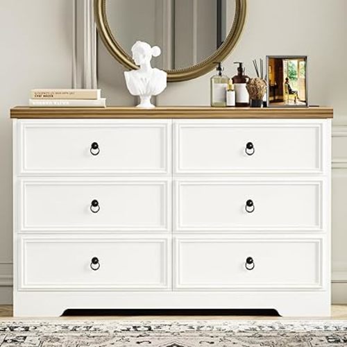 Farmhouse 6 Drawers Dresser for Bedroom, Wood Rustic Chest of Drawers, White Dresser for Bedroom, Dressers Organizer for Living Room, Closet, Hallway, Off White