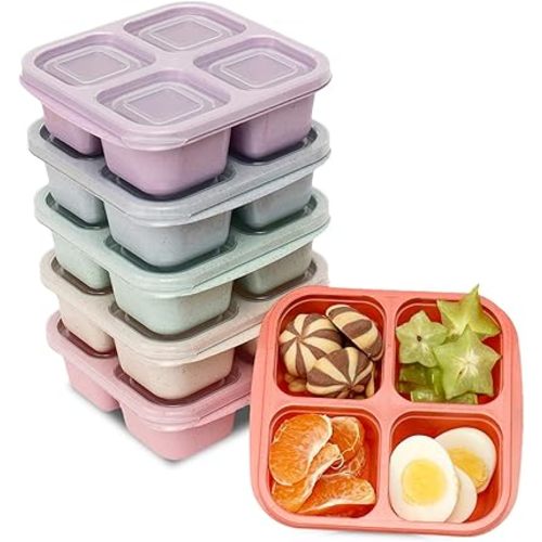 6 Pack Meal Prep Containers, 4 Compartment Bento Snack Boxes, Reusable Divided Lunch Box Containers for Adults, Kids, Toddlers, Travel, Work, School
