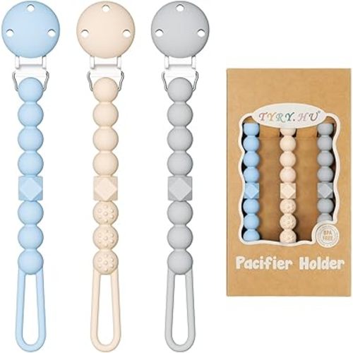 TYRY.HU Silicone Pacifier Holder Clip with One Piece Beads for Baby Boys and Girls, 3 Pack Soft Flexible Rust-Free Binky Clips with Texture, Baby Essentials, Keeps Pacifier Clean, Safe for Newborn