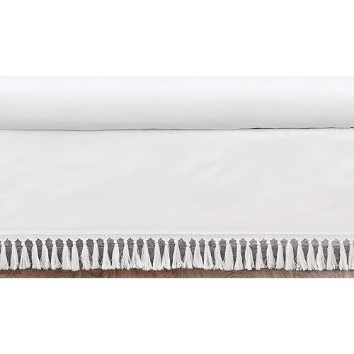Sweet Jojo Designs White Boho Bohemian Girl Baby Nursery Crib Bed Skirt Dust Ruffle - Solid Color Shabby Chic Princess Luxurious Luxury Elegant Vintage Designer Boutique Victorian Cotton Fringe Tassel