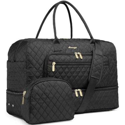 Large Women Travel Duffle Bag - Carry on Overnight Bag Weekend Travel Duffel Tote Bag Yoga Gym Bag with Wet Pocket Toiletry Weekender Overnight Bag for Travel Business Trips Sport Hospital Black