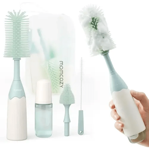 Momcozy Bottle Brush Kit, Innovative Push-Press Design for Better Cleaning - Baby Bottle Cleaner Brush for Baby Bottle, Breast Pumps, Nipples, and More - Can Generate Foam for Better Cleaning, Green