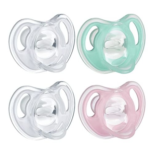 Tommee Tippee Ultra-Light Silicone Pacifier, Symmetrical One-Piece Design, BPA-Free Silicone Binkies, 0-6m, 4-Count - Clear, Green, Pink - 4 Count (Pack of 1) - Solid