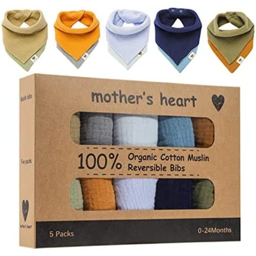 Mother's Heart Organic Bandana Drool Bibs - Natural Cotton Muslin Baby Bibs - Set of 5 for Boys