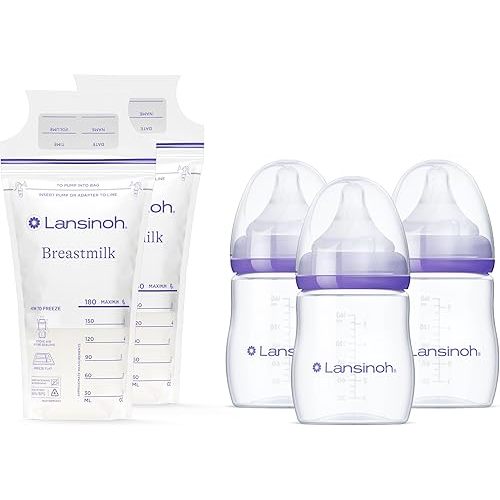 Lansinoh Breastmilk Storage Bags, 200 Count, Breast Milk Storage Bags for Feeding, Baby Essentials, Strong Double-Sealed, 6oz + Lansinoh Anti-Colic Baby Bottles for Breastfeeding Babies, 5oz, 3 Count