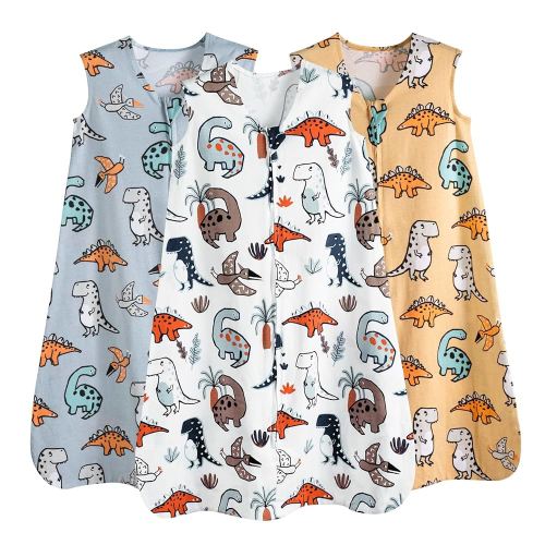PHF Soft Baby Sleep Sack 6-12 Months 100% Organic Cotton Wearable Blanket, 2-Way Zipper 0.5 TOG Toddler Sleeping Sack 3 Pack, Comfy Sleep Bag for Baby Boys Girls, Dinosaur (Medium)