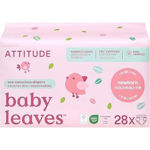 Attitude Eco-Conscious Disposable Diapers, EWG Verified, Size 1/Newborn (< 9 lbs), Ultra Absorbent for Baby, Vegan & Plant-Based, 28 Count