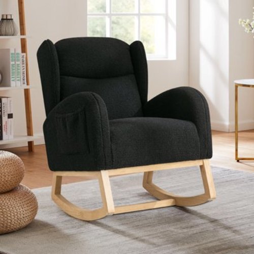 Timbernest Rocking Chair Nursery, Wingback Glider Rocker, 28" Wide Accent Chair with Side Pocket, High Backrest, Black Teddy