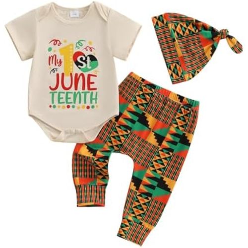 Newborn Baby Boy My 1st Juneteenth Outfit Short Sleeve Romper Bodysuit T-Shirt Tops Pants Set +Hat Summer Clothes