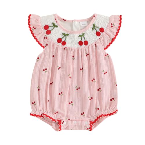 Ayalinggo Newborn Smocked Baby Girl Bubble Romper Sleeveless Ruffle Linen Bodysuit Infant Cherry Fruit Summer Outfit