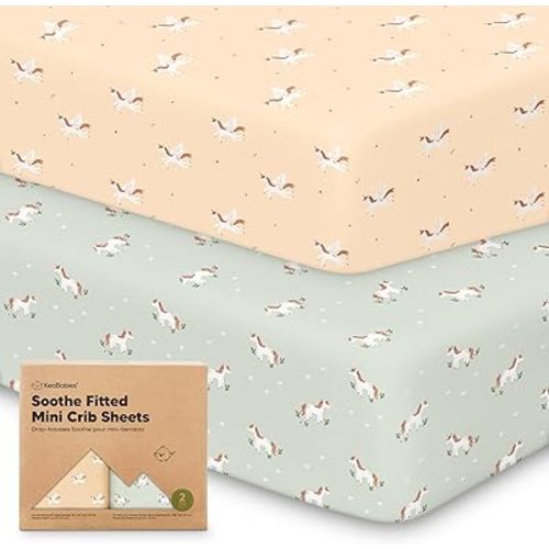 2-Pack Mini Crib Sheets Fitted - 38x26 Pack N Play Sheets for Pack and Play Mattress, Organic Cotton, Soft & Breathable Playard Bedding, Neutral Mini Toddler Bed Cover for Boys, Girls (Lune Mystic)