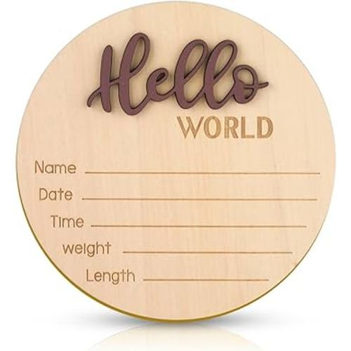 Baby Announcement Sign, 5.9 Inch Wooden Hello World Newborn Welcome Sign Birth Baby Name Plaques for Photo Props Baby Shower Hospital Nursery(Brown)