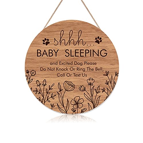 Funny Baby Sleeping Hanging Sign Plaque, Do Not Knock Or Ring The Bell, Round Wooden Door Hanger for Baby Room, Nursery, Front Door, Door Knob Decor (12x12inch)