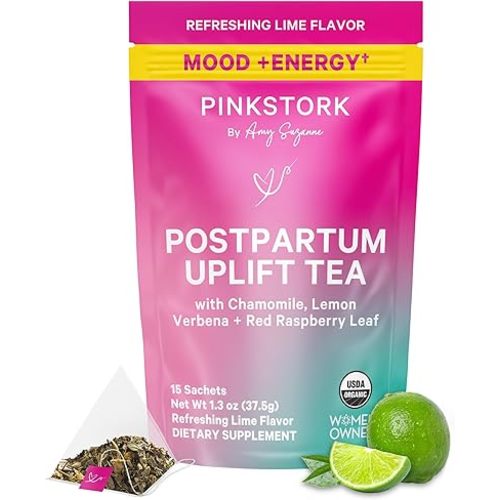 Pink Stork Postpartum Uplift® Mood Support Tea: Hormone Balance for Women After Pregnancy, Chamomile Tea with Red Raspberry Leaf for Postpartum Recovery - Postpartum Essentials - Caffeine-Free, 15 Sachets