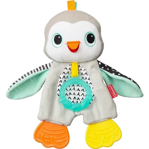Infantino Cuddly Teether, Penguin Character, 3 Textured Teething Places to Soothe Sore Gums, BPA-Free Silicone, Soft Fabric Textures to Explore, Crinkle Sounds to Discover, for Babies 0M+