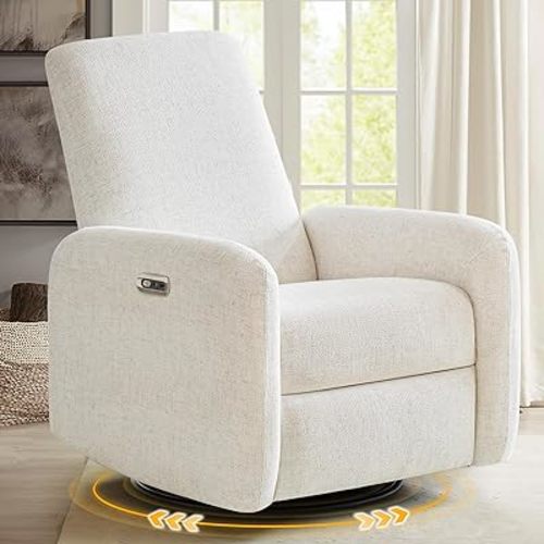 Power Recliner Chair, Swivel Rocker Recliner w/USB & Type-C Charging Ports, Chenille Upholstered Swivel Rocker Glider Recliner for Nursery,Living Room, Bedroom, 1PC, Cream