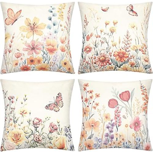 Weysat Spring Flowers Throw Pillow Covers 18 x 18 Inch Set of 4 Spring Throw Pillow Case Wildflowers Butterfly Pattern Springtime Farmhouse Decorative Cushion Case Decoration for Home Couch Sofa Bed