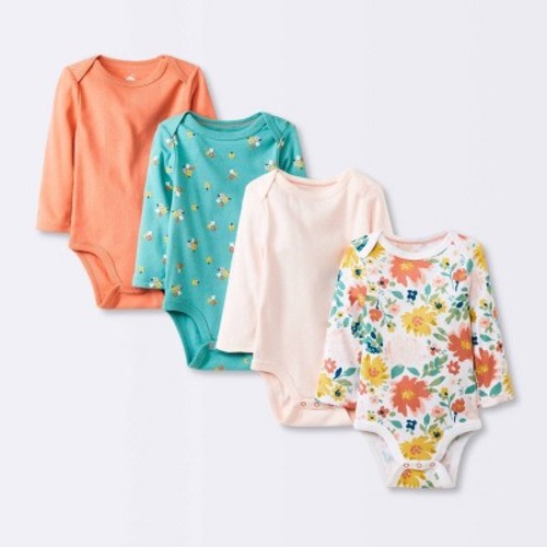 Baby Girls' 4pk Long Sleeve Bodysuit - Cloud Island™ Floral, Color: Floral, Size: 12M