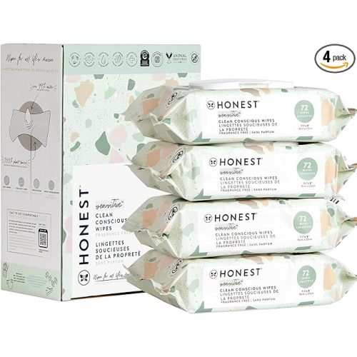 The Honest Company Clean Conscious Unscented Wipes | Over 99% Water, Compostable, Plant-Based, Baby Wipes | Hypoallergenic for Sensitive Skin, EWG Verified | Geo Mood, 288 Count - 72 Count (Pack of 4)