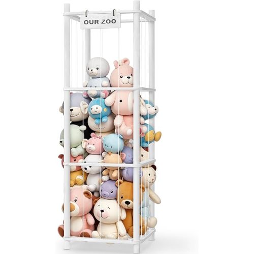 Stuffed Animal Storage & Organizer, Wooden Cute Zoo Toy Holder for Toddler Rooms, Playrooms & Bedrooms(White)