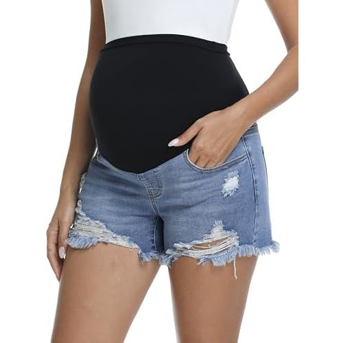 Women's Maternity Jean Shorts Ripped Raw Hem Elastic Waist Denim Shorts Pregnancy Summer Short Pants