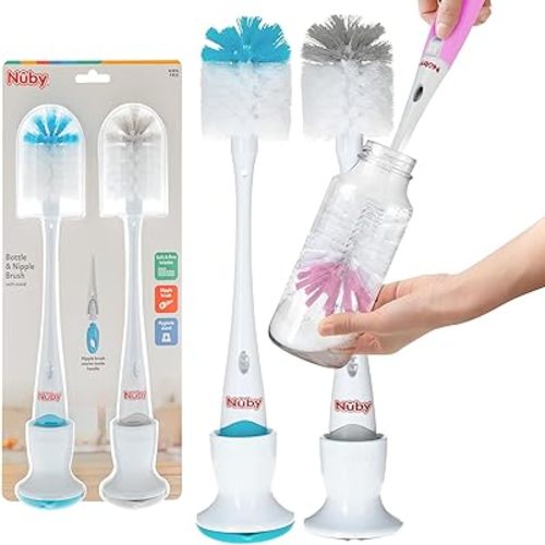 Nuby Bottle and Nipple Brush with Soft Bristles | 2 Pack: Blue & Grey or Pink & Lime | Accessory Cleaning Brush and Drying Stand