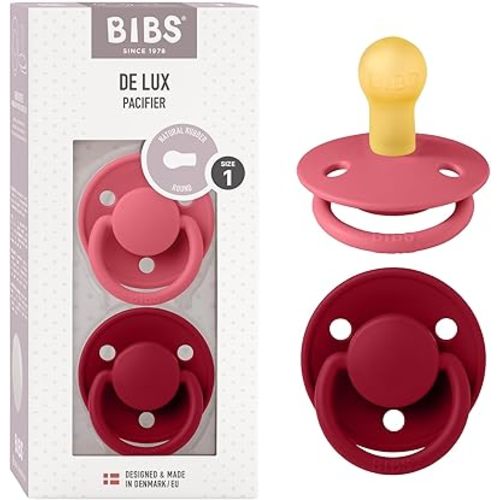 BIBS De Lux Baby Pacifier 2-Pack | Made in Denmark | BPA Free Dummy Soother, Round Nipple. Natural Rubber Latex, Size 1 (0-6 Months), Coral/Ruby