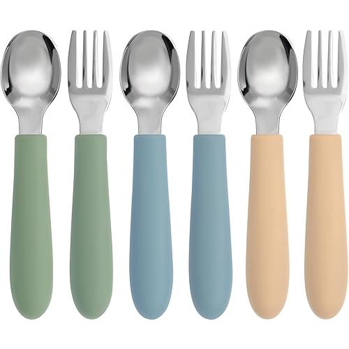 Eascrozn 6 Pack Toddler Utensils, Toddler Forks and Spoons Set, Kids Silverware with Silicone Handle, 18/8 Stainless Steel Children Safe Flatware, BPA Free, Dishwasher Safe