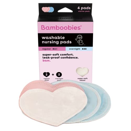 Bamboobies Women’s Nursing Pads, Reusable and Washable, Pink Regular and Blue Overnight, Variety Pack, Leak-Proof Pads for Breastfeeding, 2 Pairs