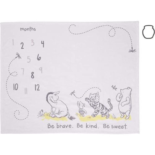 Disney Classic Winnie The Pooh, White, Grey & Lime Super Soft Milestone Baby Blanket, White, Grey, Lime, Charcoal - Classic Winnie the Pooh White Grey & Lime