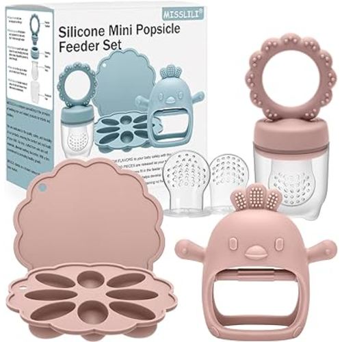 Baby Silicone Fruit Food Feeder Pacifier & Breastmilk Popsicle Freezer Molds,BPA Free Baby Food Storage Containers Frozen Ice Tray for Baby Feeding Safely, Infant Fruit Teething Toy (Pink)