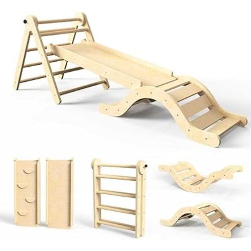 Pikler Triangle Set 7in1 Toddler Climbing Toys Indoor Foldable Baby Climbing Toys Wooden Montessori Climbing Set with Arch, Ramp, Ladder for 1-3 Years, Jungle Gym for Kids (Natural)