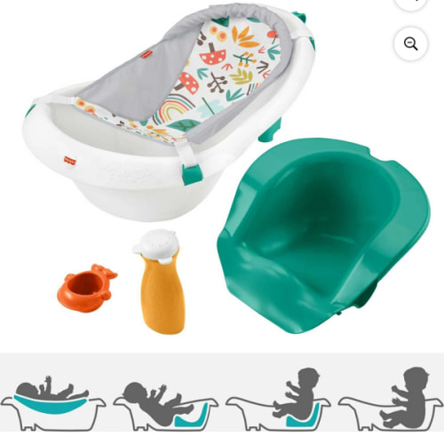 Fisher-Price Bañera 4 en 1 con Asiento y Cabestrillo para Bebés y Niños Pequeños con 2 Juguetes, Bosque Fantasioso, Plástico