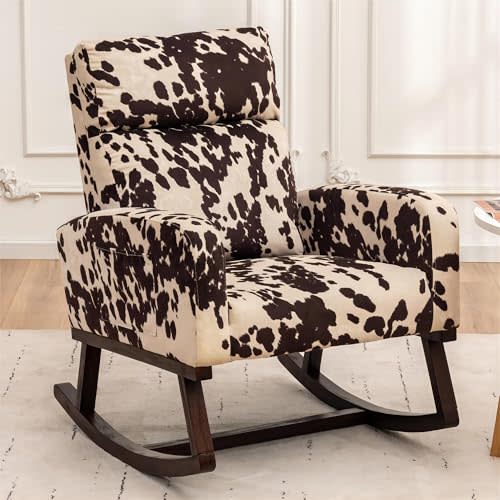 HCHAIRH Rocking Chair Nursery, Nursing Rocker Armchair with High Backrest, Comfy Rocking Chair for Nursery, Living Room,Bedroom, Cow
