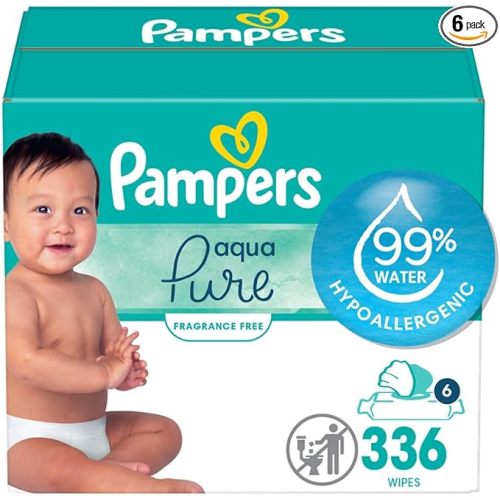 Pampers Baby Wipes Aqua Pure, 99% water-based wipes, Hypoallergenic and Unscented Infant Wipe, 336 Total (6 Flip-Top Packs)