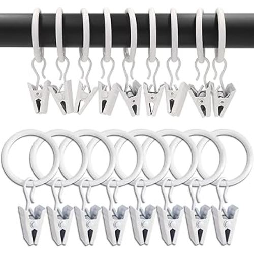 100 Pack White Curtain Rings with Clips, Curtain Hooks Hangers Clip Rings for Hanging Drapes Bows Hat, Drapery Rings 1 in I D, Fits up to 5/8 in Diameter Curtain Rod.