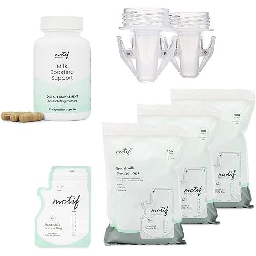 Motif Medical Milk Bundle: 300 Milk Storage Bags, 2 Pump-to-Bag Adapters, Milk Boosting Support Lactation Supplement