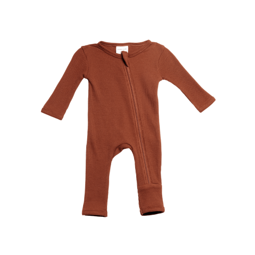 Organic Waffle Basic Zip Romper, Caramel