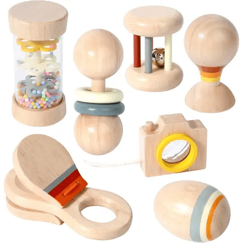 WODI Wooden Baby Toy 7pcs, Montessori Toys for Babies 0-3-6-12 Months, Toddler Hand Wooden Rattles Toy Set for Infant Grasping with Storage Bag, Sensory Development, Gift for Baby Boys Girls