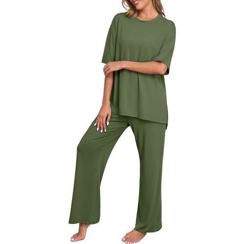 PrinStory Womens Pajamas Sets 2 Piece Lounge Set Short Sleeve Tops and Long Pants Soft Pjs Loungewear with Pockets