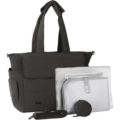 BabbleRoo Flo Tote Diaper Bag, 14-Pocket Cloud-Soft Puffer Newborn Bag for Parents, 14-Inch Laptop Sleeve, 3 Insulated Bottle Slots, Wet Pouch, Luggage Strap, Changing mat, Hidden Pocket, Charcoal