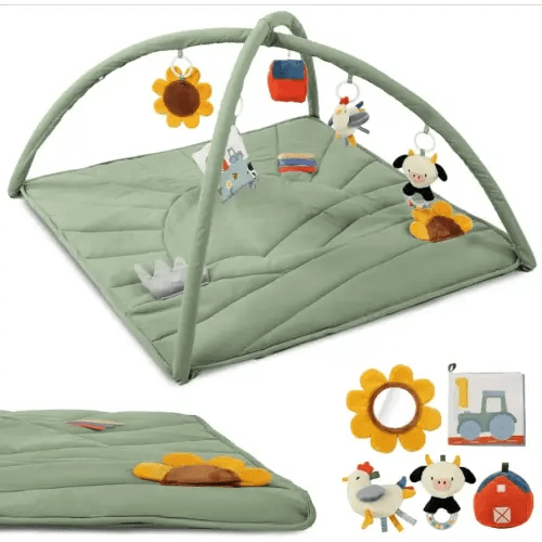 Beautiful Baby Play Gym and Tummy Time Mat - Soft Mat with 5 Farm Toys Creates The Perfect Activity Area for Your Girl/Boy - Stylish Infant Floor Playmat Fits Nicely with Any Playroom Decor