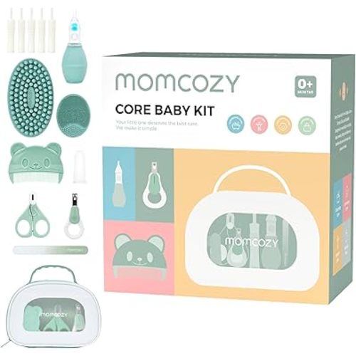 Momcozy Core Baby Kit, Essential Grooming & Health & Cleansing Kit with Nail File Set, Nasal Aspirator, Gas Relief Tubes, Bath Brushes & Storage Bag