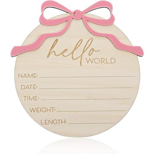 Nogeqi Hello World Newborn Sign Baby Name Announcement Sign Bow Birth Announcement Sign for Hospital Baby Welcome for Boys and Girls Photo Props Shower Nursery