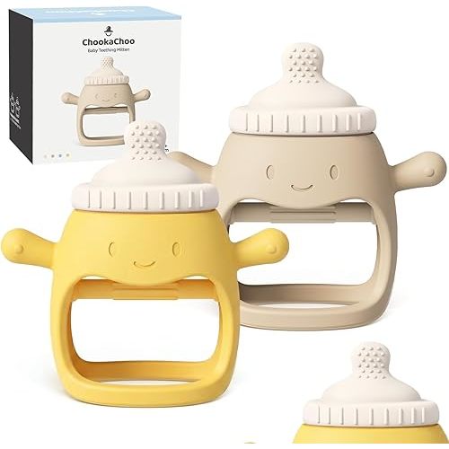 2 Packs Baby Teething Toy Silicone Teething Mitten for Babies Over 3 Months Anti Dropping Wrist Hand Teethers Baby Chew Toys for Sucking Needs, BPA Free (BabyBottle Yellow)