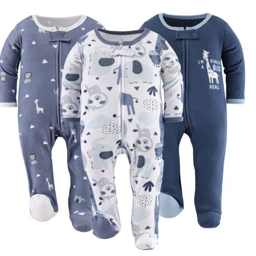 The Peanutshell Baby Sleep n Play 3-Pack Blue Safari Footed Pajamas for Boys 6-9 Months