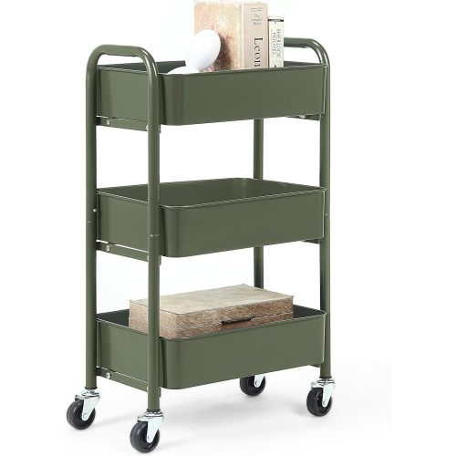 SunnyPoint 3-Tier Delicate Compact Rolling Metal Storage Organizer - Mobile Utility Cart Kitchen/Under Desk Cart with Caster Wheels - Army (15.35" X 10.24" X 26.8"H)