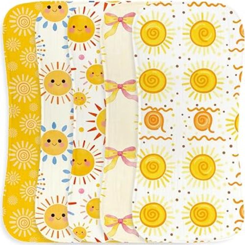 5Pcs Baby Burp Cloths for Baby Boys Girls with Sun Theme Design, Soft and Absorbent Cotton Baby Burping Cloths for Newborns Gifts Nursery Decor 9.8X19.6 Inches