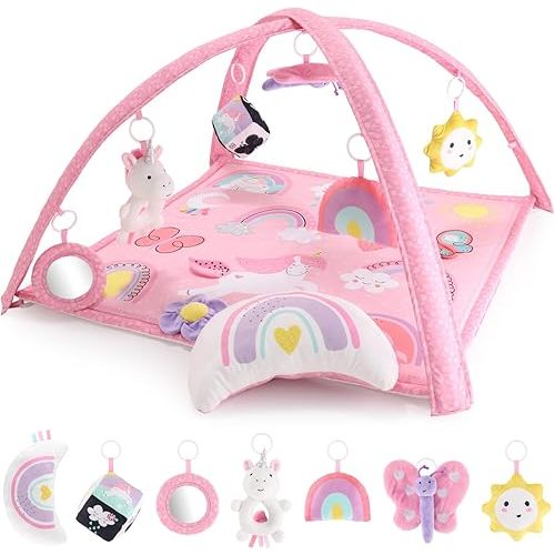 The Peanutshell 7 in 1 Baby Play Gym for Girls, Activity Center,Tummy Time Play Mat for Babies 0-6 Months, Newborn Toys, Playmate for Baby Girl, Rainbow Unicorn